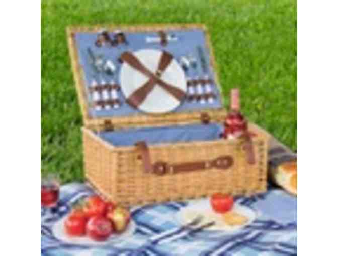 WICKER PICNIC BASKET WITH WINE GLASSES, PLATES, AND UTENSILS