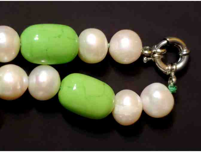 Necklace -- White pearls with Green polished & carved beads