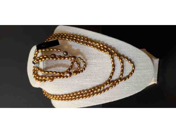 Jewelry Set: Necklace & Bracelet -- Triple Strand Bronze-Tone Rice Pearls