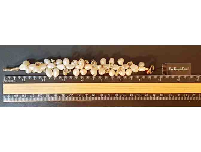 Bracelet: 8' White shell pearls with silver and crystal beading by Purple Pearl