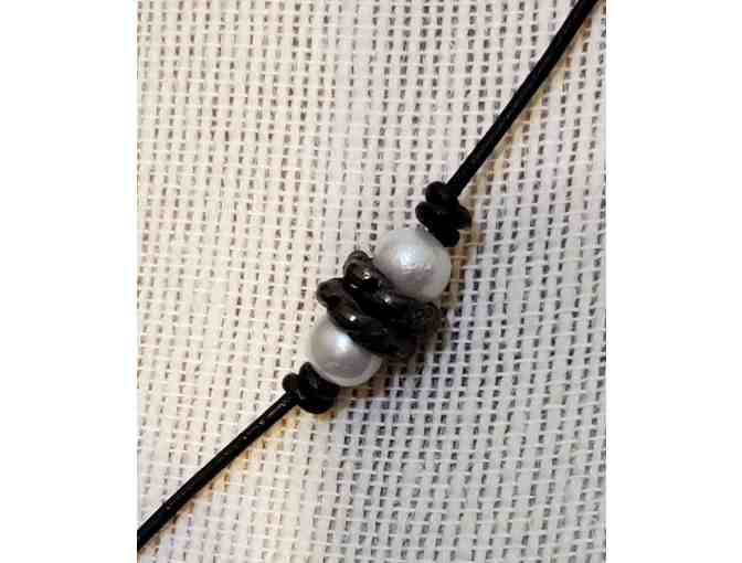 Necklace: Black Leather 'Lariat' necklace with pearls and accent loops
