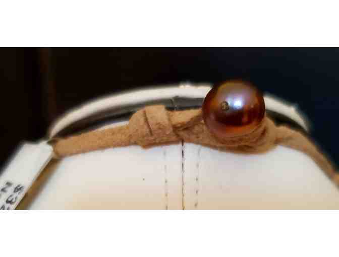 Necklace: Tan leather choker with serene sepia pearls -- 8' in length