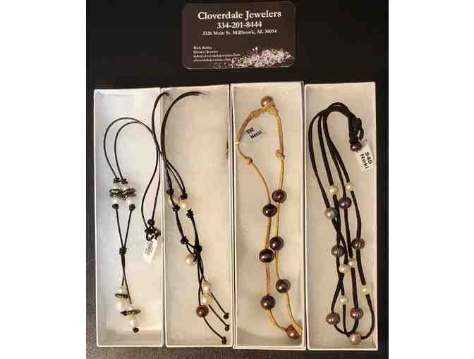 Necklace: Tan leather choker with serene sepia pearls -- 8' in length