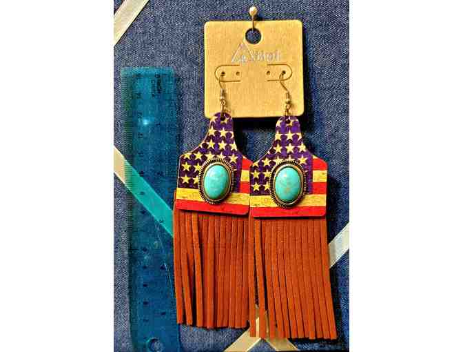 Earrings: Rustic, Patriotic Leather Fringe with a western flair and turquoise stones