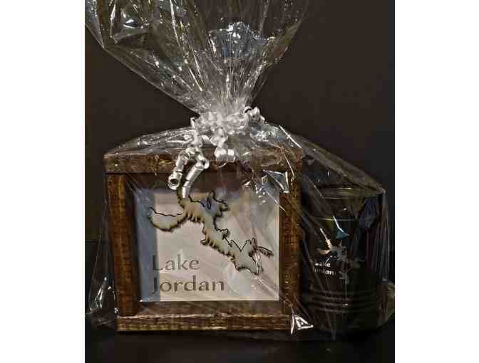 Lake Jordan Gift Set: Rustic, wood-framed map & insulated can holder