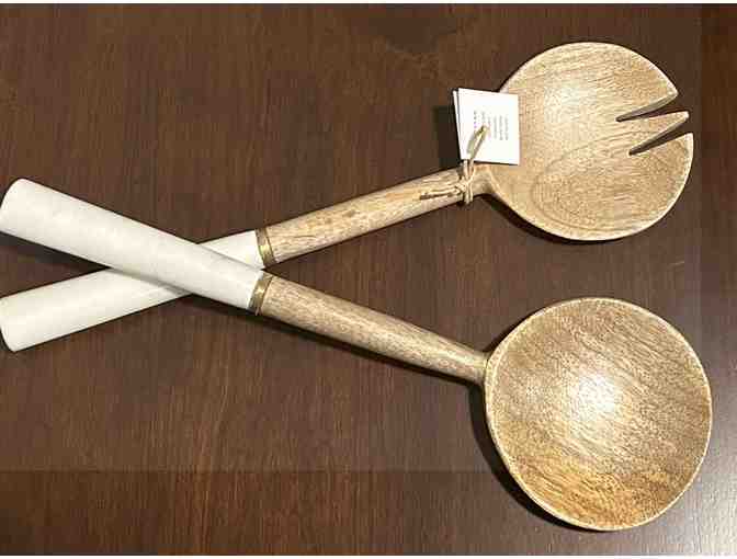 Large White Alabaster Glass Bowl & Marble Handle Servers