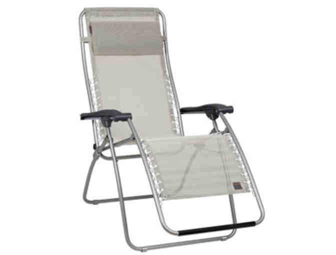 Two Blue Patchwork Lafuma RSX Zero Gravity Chairs