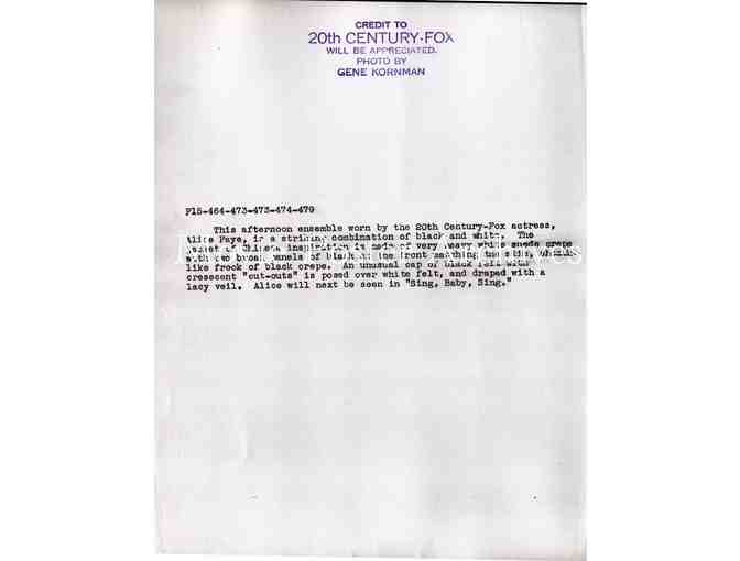 ALICE FAYE, group of classic celebrity portraits, stills or photos