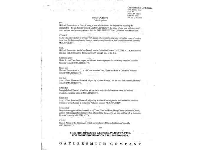 MULTIPLICITY, 1996, color slides, Michael Keaton, Andie MacDowell