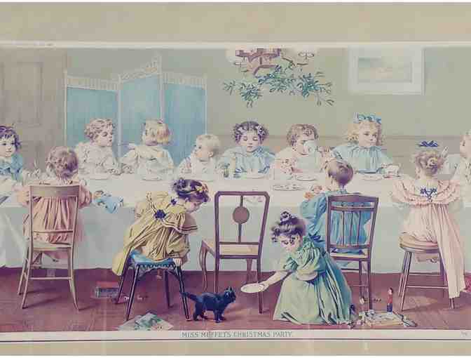 Miss Muffet's Christmas Party chromolithograph. The artist is Humphrey Bogart's mother!