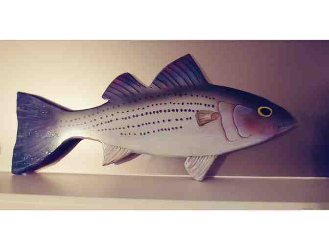 Striped Bass Fish Wood Carving, signed by the artist/carver.