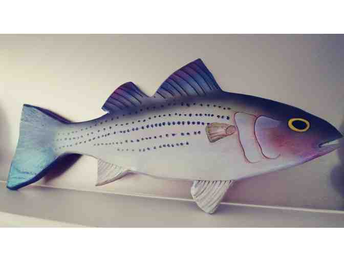 Striped Bass Fish Wood Carving, signed by the artist/carver.