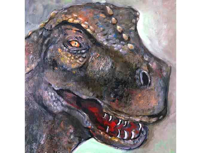The Hatchling, an original oil painting of a dinosaur.