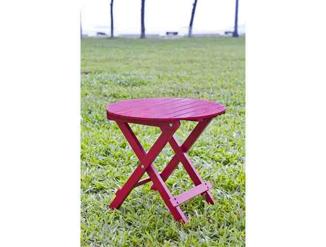 2 Red Adirondack Chairs & side table