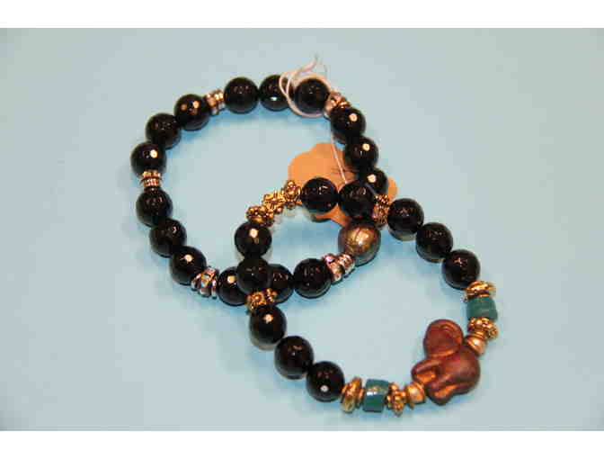 Two Handmade Black Faceted Onyx Bracelets mixed with Swarovski beads and Czech Glass
