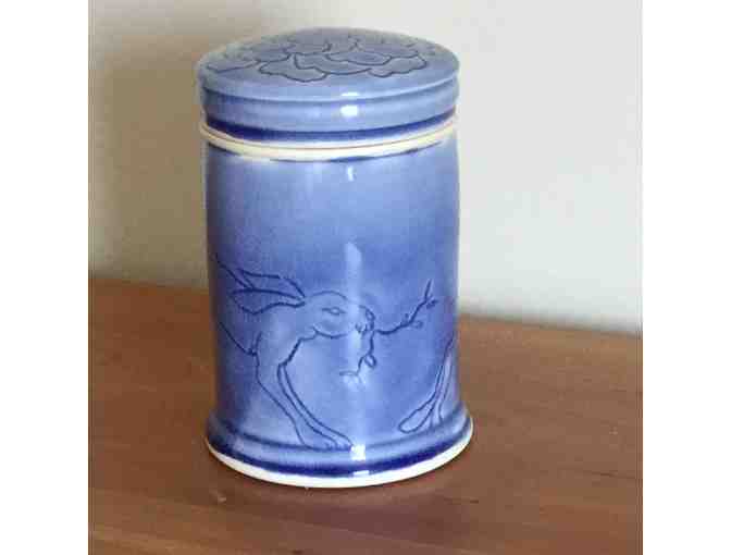 Blue Jar with Rabbit Designs from Michele Karam Pottery