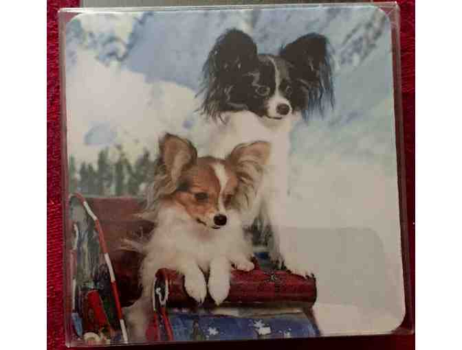Set of 4 Papillons on a Sled Holiday Themed Coasters -- New