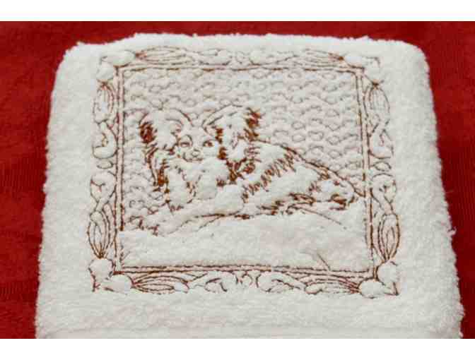 Laying Papillon Embroidered Design on White Hand Towel -- New