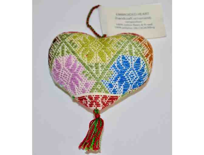 Hand-Embroidered Reversible Heart Ornament -- New