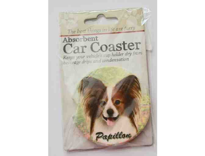 Brown & White Papillon Car Coaster -- New