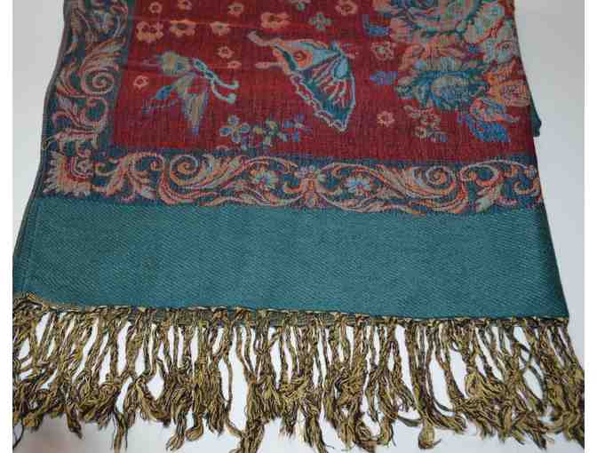 Teal and Wine Butterfly Design PASHMINA Scarf -- New