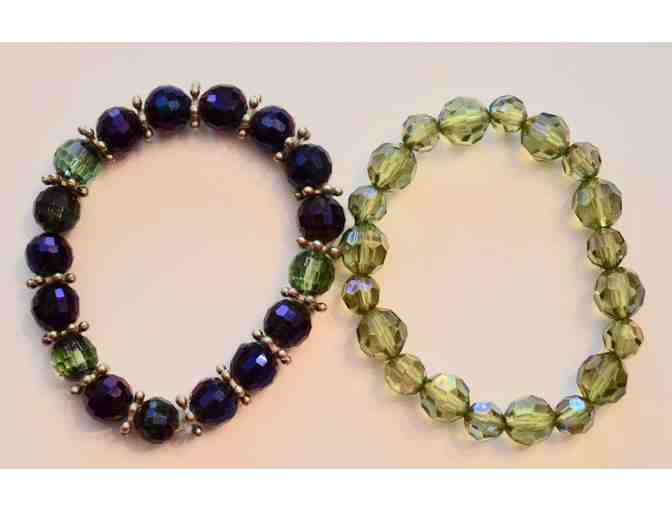Hand-Crafted Set of 2 Pale Green & Deep Purple Beads Stretch Bracelets -- New