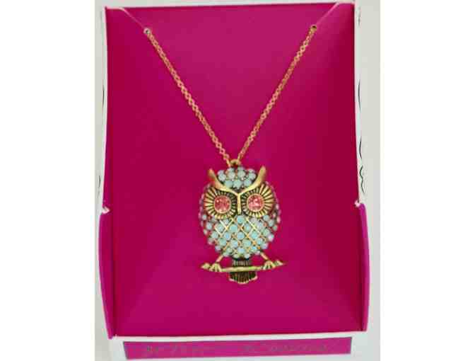 Gold-Tone Mint Pave Owl Long Pendant Necklace -- New