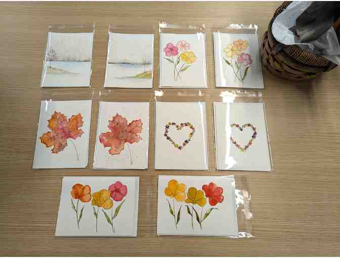 Selection of 10 hand-painted any occasion cards in wooden gift basket