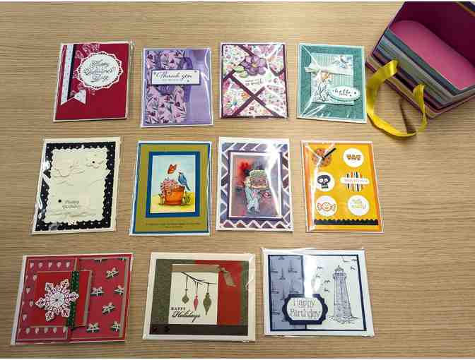 Selection of 11 handcrafted cards for a variety of occasions in decorative box