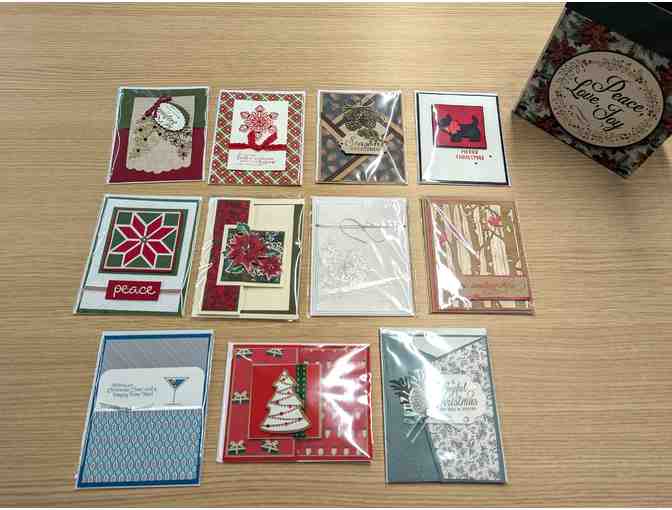 Selection of 11 handcrafted holiday cards in decorative box