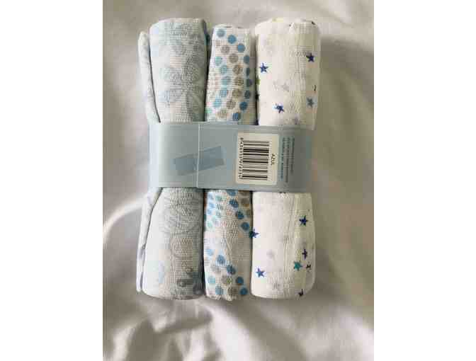 Baby  3 piece cotton swaddle blanket set - blue tones