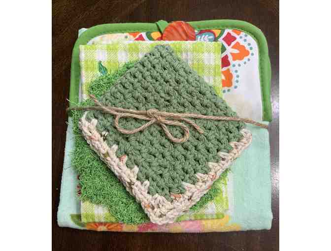 Kitchen Towels (2), Crocheted Dishcloth and Scrubby Set