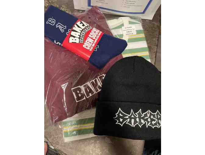 Baker Skateboard and Striped Accessories