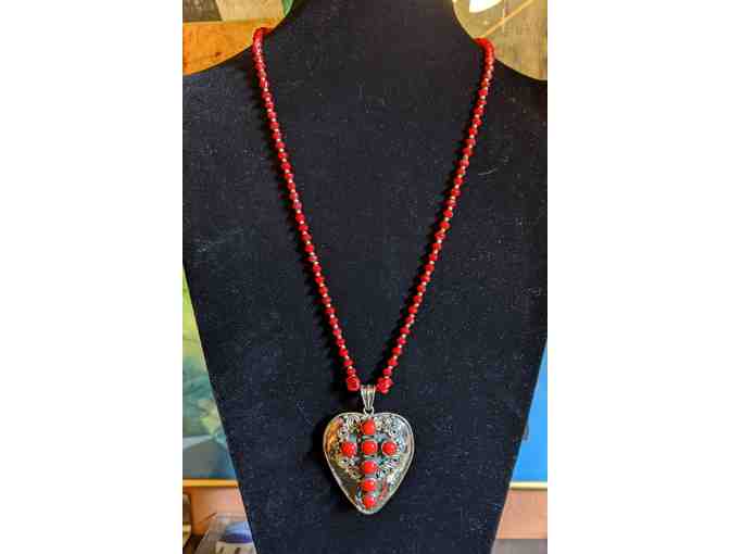 Coral and Silver Heart Necklace