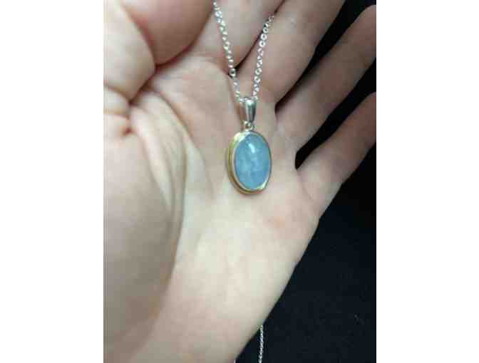 Sterling Silver and Aquamarine Cabochon Pendant on a Silver Chain *Made by Local Jeweler