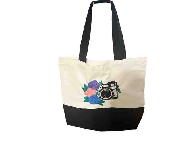 Tote Bag with Flowers and Camera Image *Donated by *AJ Designs and Made in Starksboro, VT - Photo 1