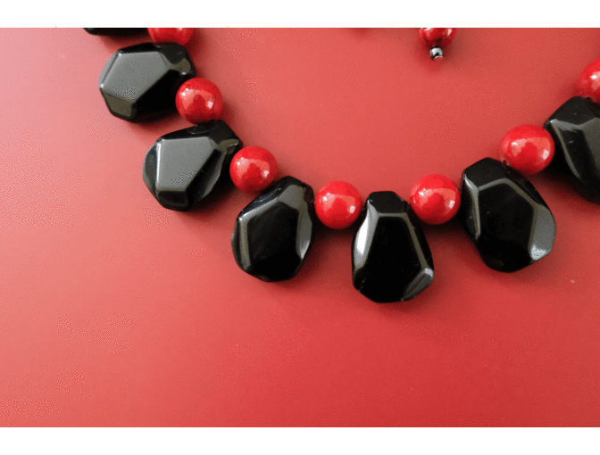 Obsidian and Red Fossil necklace and Earring Set