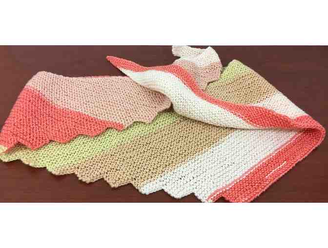 Hand-knitted Zigzag Scarf In Coral, Cream, Yellow And Beige