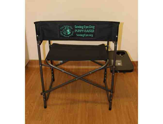 Seeing Eye Puppy Raiser Chair with Embroidered Logo and Red Plaid Lap Blanket