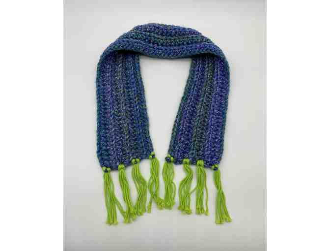 Handmade Blue Knit Scarf with Bright Green Fringe