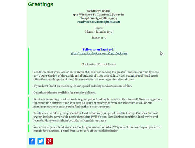$31 Gift Certificate to Readmore Book Store - located on Winthrop St, in Taunton, MA