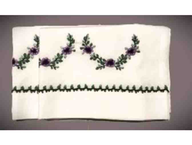 2 Pillowcases 100% Cotton Hand Embroidery with a Lace Edge (Purple Flowers & Green Swag)