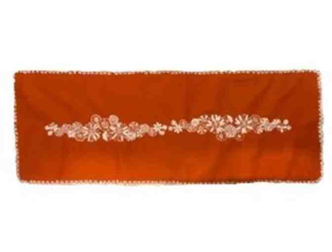 Embroidered Orange Table Runner with Lace Edging
