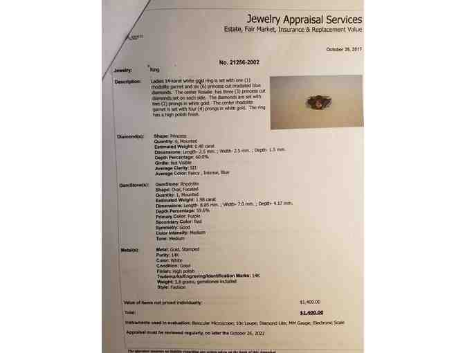 Ladies 14K White Gold Ring with Rhodolite Garnet & Blue Diamonds- Certificate of Appraisal