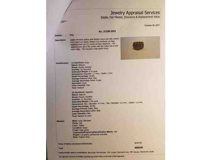 Ladies 14K yellow gold ring with Rubies and Sapphires- Certificate of Appraisal