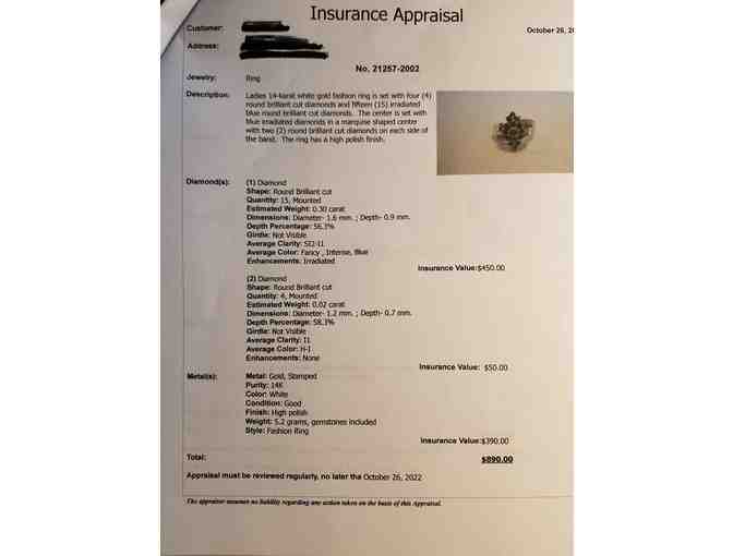 Ladies 14K and Blue Diamond Ring- Certificate of Appraisal
