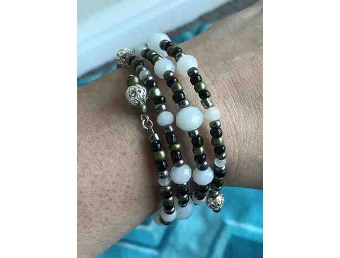 Lightweight Beaded Wrap Bracelet - White, Green, and Black