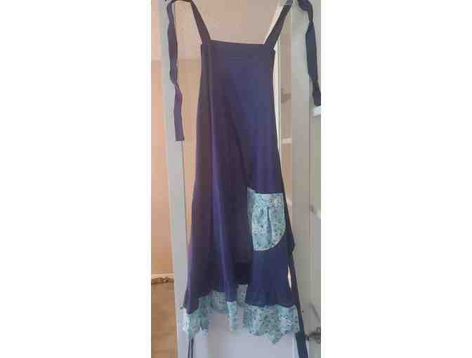 Apron-Dark Blue Dotted Fabric with Light Blue Floral Pocket