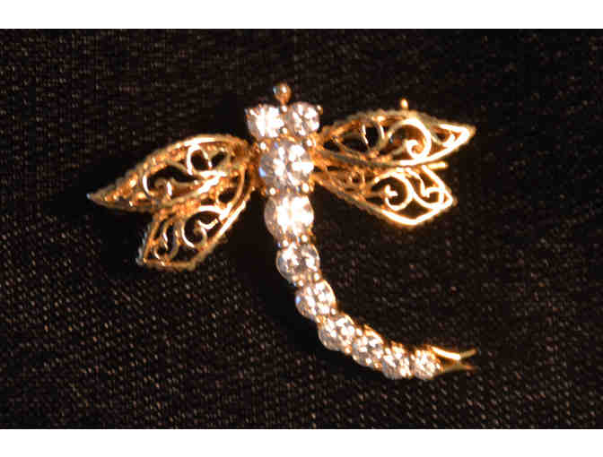 14K Gold Dragonfly Pin with Simulated Diamonds
