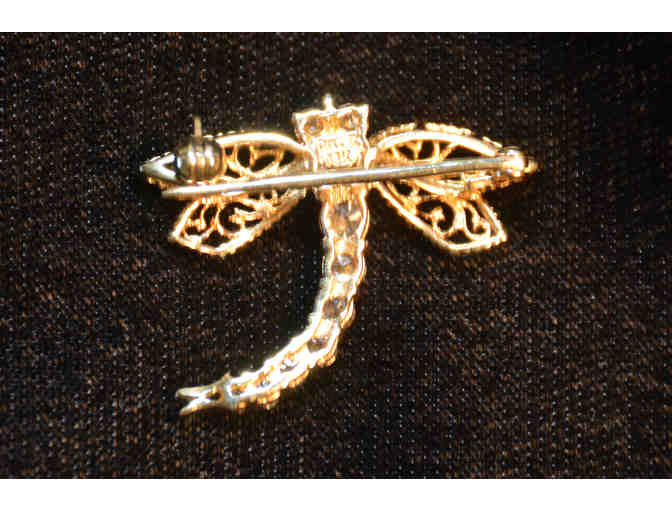 14K Gold Dragonfly Pin with Simulated Diamonds